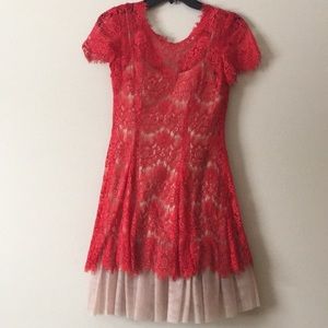Betsy&Adam red lace tulle bottom cocktail dress